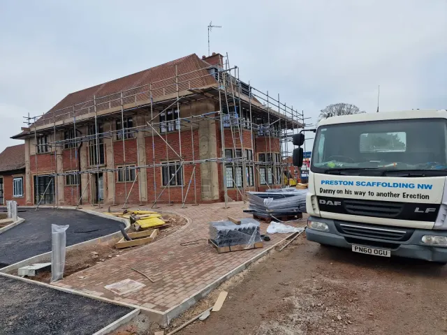 Preston Scaffolding NW wagon arriving on a new build site — Preston Scaffolding NW, scaffolders covering Broughton